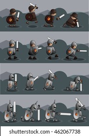 2d game / platformer characters , Swordsman / Warrior / Knight /  soldier / young man with sword, shield and armor, ready for animation and upgrade, vector illustration, isolated, game ui