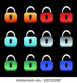 2D game set of locks of different colors