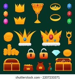 2d Game Set Of Objects, Money, Chest, Crown, Gold, Diamonds
