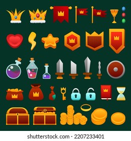 2d Game Set Of Objects, Money, Chest, Crown, Gold, Diamonds