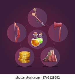 2.ª interfaz de usuario de juego. x, tiro con arco, flechas, monedas, roca y botellas Juego de iconos. Botones de aplicación.