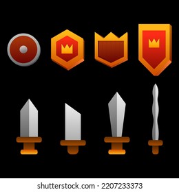 2d game weapons, a set of swords, shields, arrows