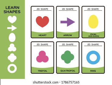 2D Geometric Shapes. Basic Geometrical Shapes For Children. 6 Flashcards. Learning Shapes Educational Kindergarten Activity. Homeschool. Printable A4 Preschool Game Kindergarten. Vector