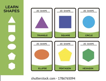 2D Geometric Shapes. Basic Geometrical Shapes For Children. 6 Flashcards. Learning Shapes Educational Kindergarten Activity. Homeschool. Printable A4 Preschool Game Kindergarten. Vector