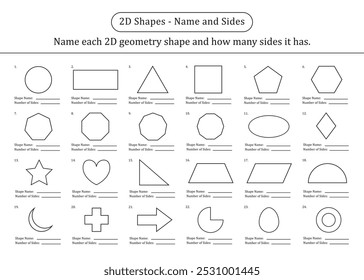 Planilha de trabalho de nomes e lados de formas geométricas 2D para crianças em jardim de infância, escola primária pré-escolar