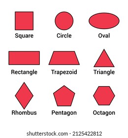 2D geometric shapes with names in mathematics. square circle oval rectangle trapezoid triangle rhombus pentagon octagon