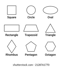 2D geometric shapes with names in mathematics. square circle oval rectangle trapezoid triangle rhombus pentagon octagon