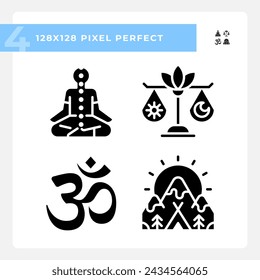 2D glyph style icons set representing meditation, silhouette wellness illustration, solid pictogram.