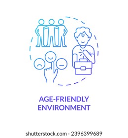 2D gradient age friendly environment thin line icon concept, isolated vector, blue illustration representing unretirement.