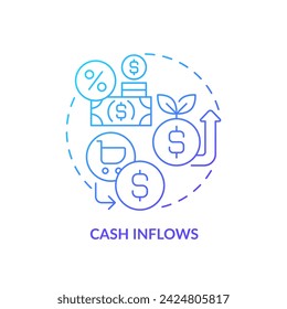 2D gradient cash inflows icon, simple isolated vector, blue thin line illustration representing cash flow management.