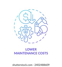 2D gradient icon lower maintenance costs concept, isolated vector, predictive maintenance thin line illustration.