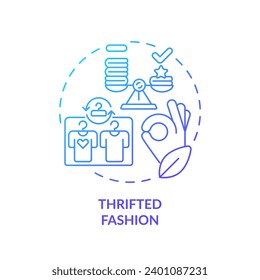 2D gradient icon thrifted fashion concept, simple isolated vector, sustainable fashion thin line blue illustration.
