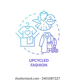 2D gradient icon upcycled fashion concept, simple isolated vector, sustainable fashion thin line blue illustration.