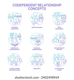 2D gradient icons collection representing codependent relationship concept, isolated vector, thin line blue illustration.