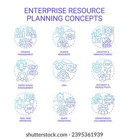 Conjunto de iconos de gradiente 2D que representan conceptos de planificación de recursos empresariales, vector aislado, ilustración de línea delgada.