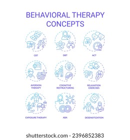 2D gradient icons set representing behavioral therapy concepts, isolated vector, thin line blue illustration.