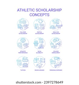 2D gradient icons set representing athletic scholarship concepts, isolated vector, thin line illustration.