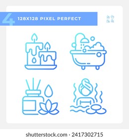 2D gradient icons set representing meditation, blue thin linear wellness illustration.
