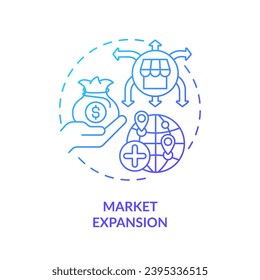 Icono de expansión de mercado de gradiente 2D, vector aislado, ilustración de línea delgada de inversión extranjera directa.