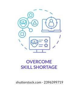 Gradiente 2D que supera la escasez de habilidades concepto de icono de línea delgada, vector aislado, ilustración azul que representa la no jubilación.