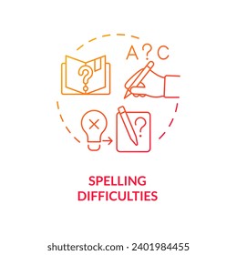 2D gradient red icon spelling difficulties concept, simple isolated vector, dyslexia thin linear illustration