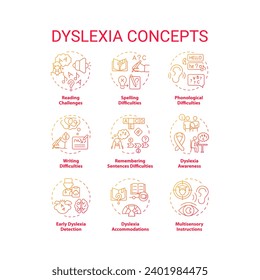 2D gradient red thin line icons set representing dyslexia, isolated vector, linear illustration.