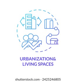 2D gradient urbanization and living spaces icon, creative isolated vector, thin line illustration representing environmental psychology.