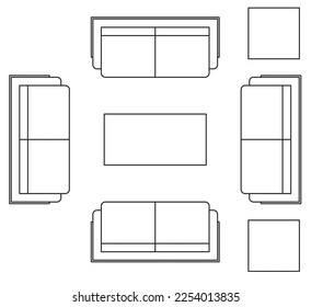 Dibujo gráfico en 2D de la disposición de la vista superior del juego de sofás y de su mobiliario lateral como mesa baja y mesa lateral. Dibujo en blanco y negro con CAD.