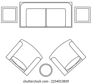2D graphic drawing of the top view layout of the sofa set and its side furniture such as coffee table and side table. Drawing in black and white using CAD.