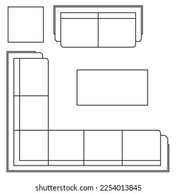 2D graphic drawing of the top view layout of the sofa set and its side furniture such as coffee table and side table. Drawing in black and white using CAD.