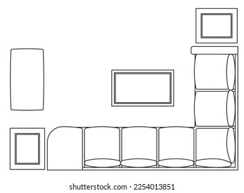 2D graphic drawing of the top view layout of the sofa set and its side furniture such as coffee table and side table. Drawing in black and white using CAD.