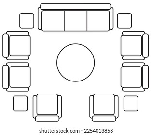 2D graphic drawing of the top view layout of the sofa set and its side furniture such as coffee table and side table. Drawing in black and white using CAD.