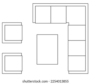 2D-Grafik der Topaussicht des Sofas und der Beistellmöbel wie Couchtisch und Beistelltisch. Schwarz-Weiß zeichnen mit CAD.