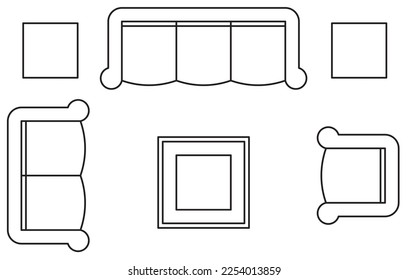 2D-Grafik der Topaussicht des Sofas und der Beistellmöbel wie Couchtisch und Beistelltisch. Schwarz-Weiß zeichnen mit CAD.