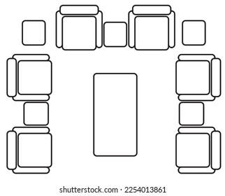 2D graphic drawing of the top view layout of the sofa set and its side furniture such as coffee table and side table. Drawing in black and white using CAD.