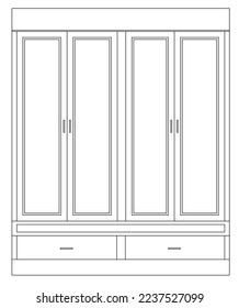 2D graphic image of the front view of a wardrobe or cupboard made of wood. CAD drawing in black and white.