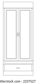 2D graphic image of the front view of a wardrobe or cupboard made of wood. CAD drawing in black and white.