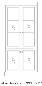 2D graphic image of the front view of a wardrobe or cupboard made of wood. CAD drawing in black and white.