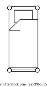 2D graphic image of the top of a single bed. Complete bed with mattress and blanket. Drawn using CAD in black and white.