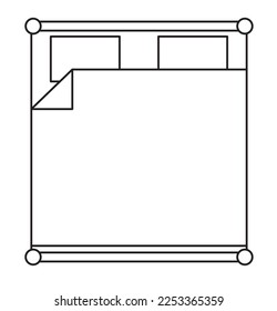 2D graphic image of the top of a single bed. Complete bed with mattress and blanket. Drawn using CAD in black and white.
