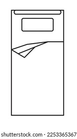 2D graphic image of the top of a single bed. Complete bed with mattress and blanket. Drawn using CAD in black and white.
