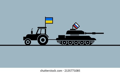 2D graphic of a Ukrainian tractor that tows a Russian abandoned tank, flat vector illustration.