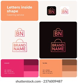 logotipo lineal de tienda de comestibles en 2D con nombre de marca. Un simple icono de bolso de compra. Identidad visual. Plantilla editable con tipo de letra hanken grotesk. Adecuado para compras, negocios, supermercado, comestibles.