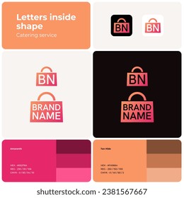 2D grocery store logo with brand name. Shopping bag icon. Design element and visual identity. Template with hanken grotesk font. Suitable for catering company, food service, event.
