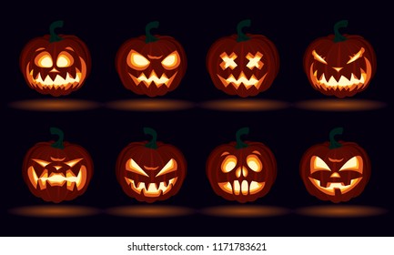 2d Halloween carved pumpkin face emotions set jack o lanterns design set number 1