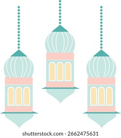 2d Linternas verdes colgantes y Formas de cúpula de mezquita, perfectas para fiestas islámicas como diseños de celebración de Ramadán y Eid o tarjetas de felicitación.