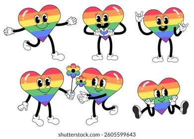 2d heart cartoon character design, love and pride month concept, greeting card and background design, heart shape icon and symbol