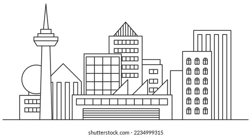 Esquina urbana moderna de alta densidad 2D dibujada en blanco y negro. Una mezcla de ilustraciones de edificios de diferentes diseños y alturas.