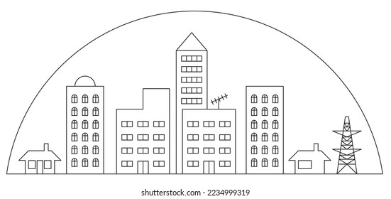 2D high density modern city skyline drawn in black and white. A mixture of illustrations of buildings of various designs and heights.