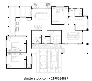 2D house layout plan drawing with 3 large bedrooms and 2 small bedroom complete with 2 bathrooms, balcony, furniture, kitchen, living room porch and furniture. Drawing produced in black and white.